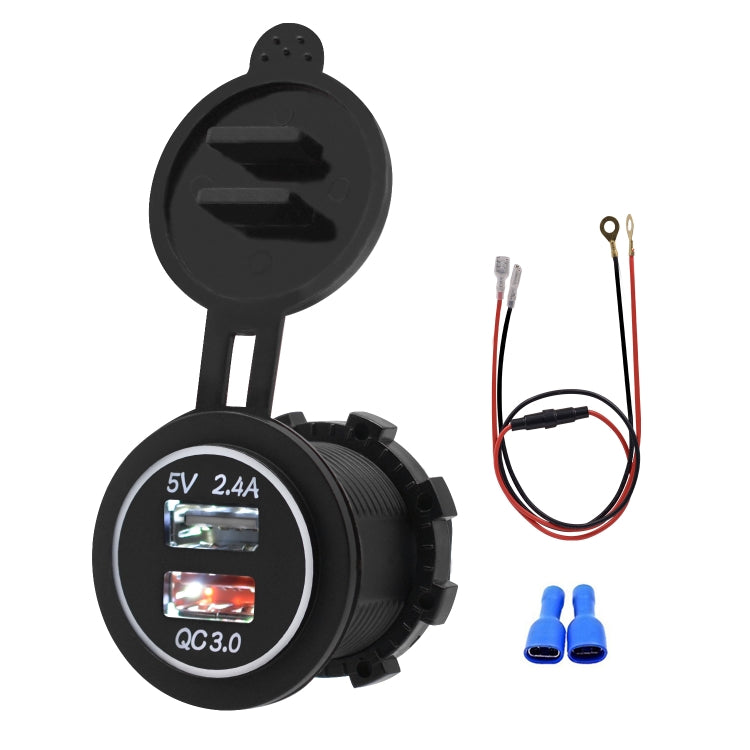 Universal Car QC3.0 Dual Port USB Charger Power Outlet Adapter 5V 2.4A IP66 with 60cm Cable, 2.4A + 60cm Cable(Blue Light), 2.4A + 60cm Cable (Green Light), 2.4A + 60cm Cable (Red Light), 2.4A + 60cm Cable (White Light)