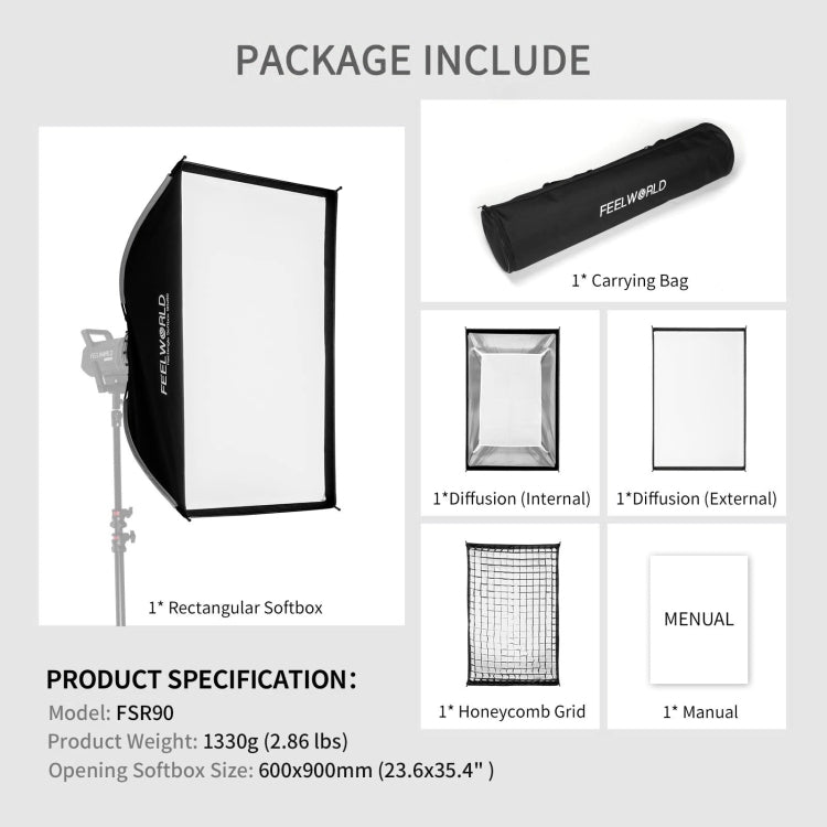 FEELWORLD FSR90 60x90cm Rectangular Softbox Quick Release Bowens Mount Diffuser, FSR90 60x90cm