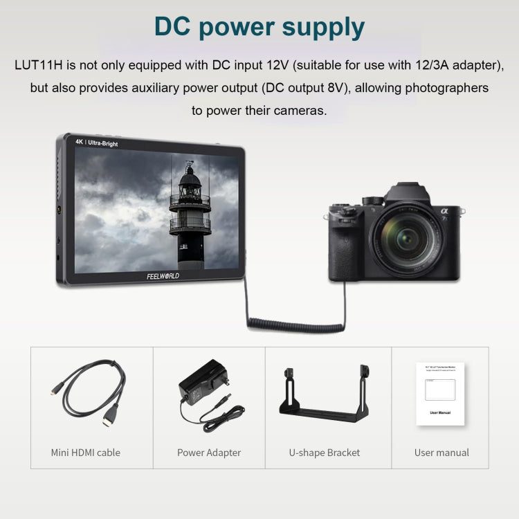 FEELWORLD LUT11H 10.1 Inch Ultra Bright 2000nit DSLR Camera Field Monitor Touch Screen 4K HDMI F970 External Power and Install Kit, LUT11H