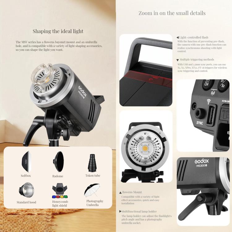 Godox MS200-V Studio Flash Light 200Ws Bowens Mount Strobe Light with Lamp Cover, MS200-V
