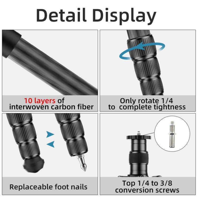 BEXIN W-334C Portable DSLR Camera 2 in 1 Carbon Fiber Tripod Detachable Monopod, W-334C