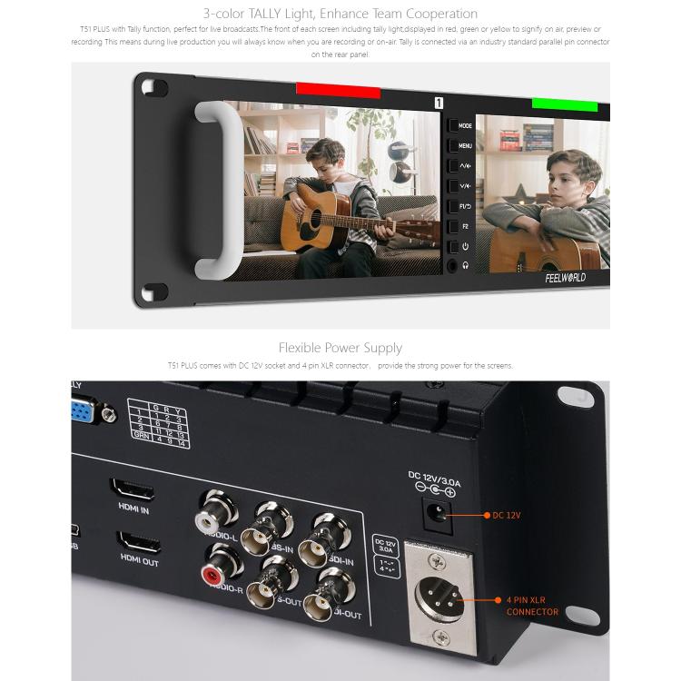 FEELWORLD T51 PLUS Triple 5.5 inch 2RU Rackmount Monitor Full HD 3G-SDI 4KHDMI AV Monitor, T51 PLUS