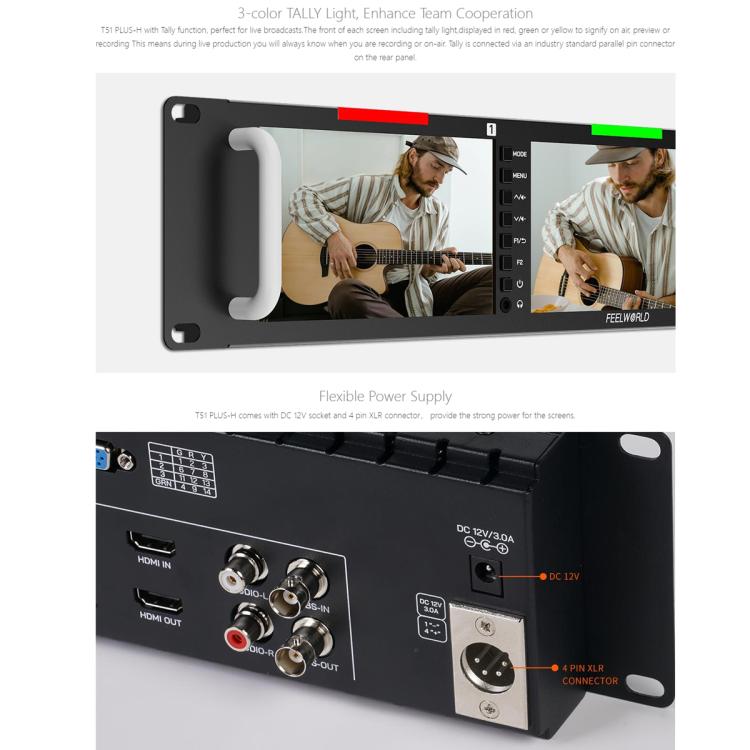 FEELWORLD T51 PLUS-H Triple 5.5 inch 2RU Rackmount Monitor Full HD 4K HDMI SDI AV Monitor, T51 PLUS-H