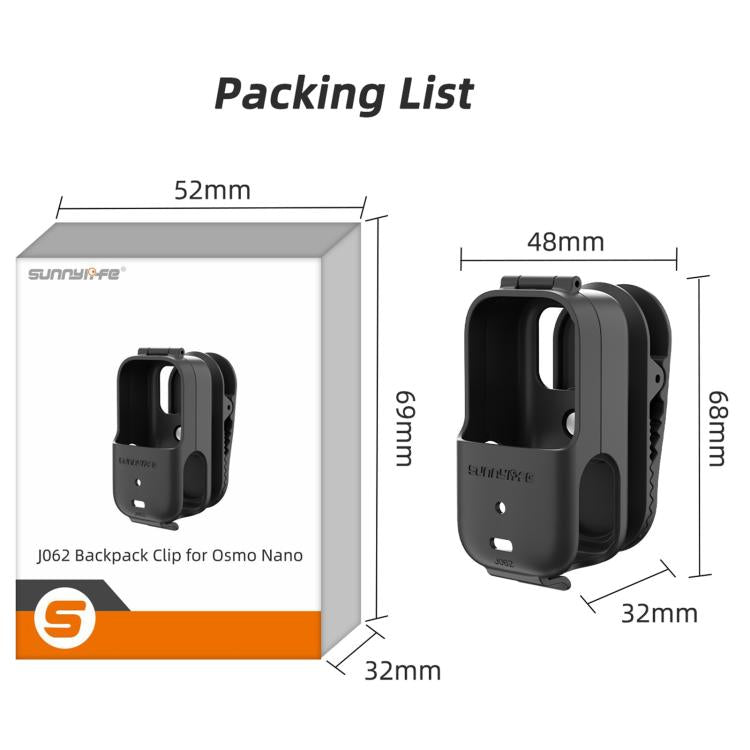 For DJI Osmo Nano Sunnylife Backpack Clip Action Camera Clamp 360 Degree Rotation Vertical-Horizontal Mount, ON-J062 For DJI Osmo Nano
