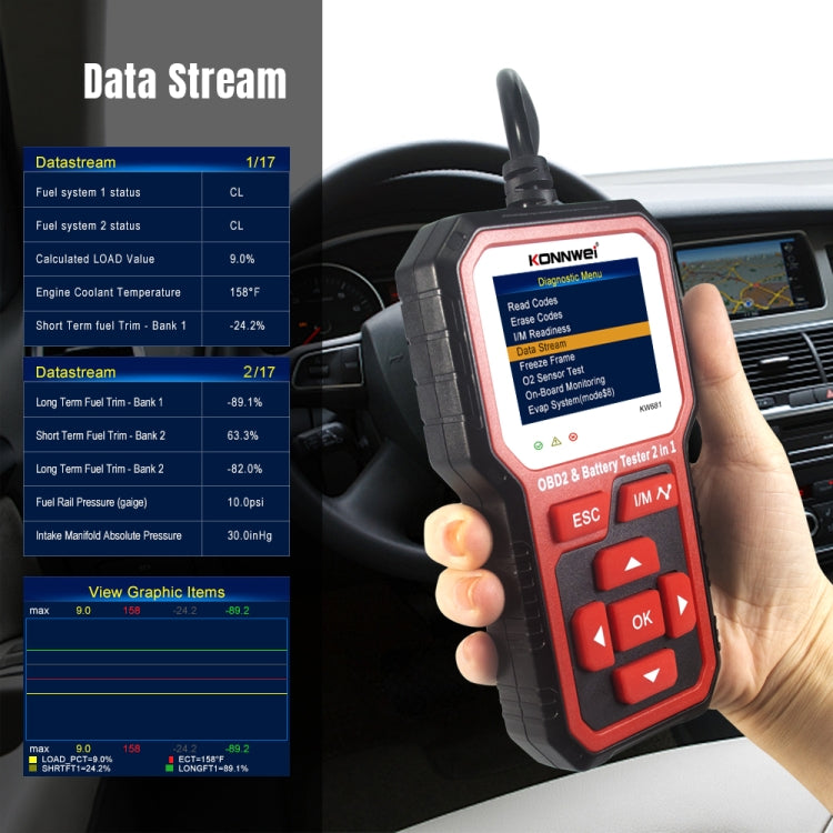 KONNWEI KW681 Car 2.4 inch TFT Screen OBD Fault Diagnosis + 6V-12V Battery Tester Support 9 Languages, KW681
