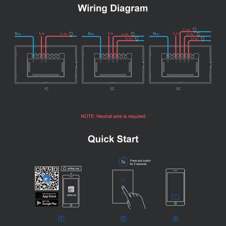 T3 US-TX 433 RF WIFI Smart Remote Control Wall Touch Switch, US Plug, Style:Three Buttons, Single Button, Double Buttons, Three Buttons