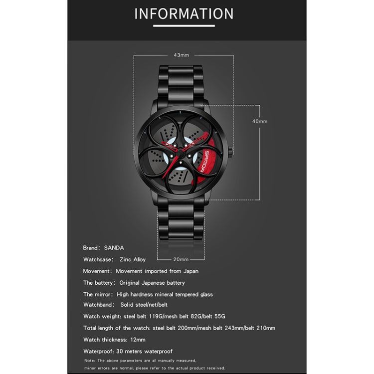 SANDA 1070 3D Oval Hollow Out Wheel Non-rotatable Dial Quartz Watch for Men, Steel Belt, Leather Belt, Mesh Belt