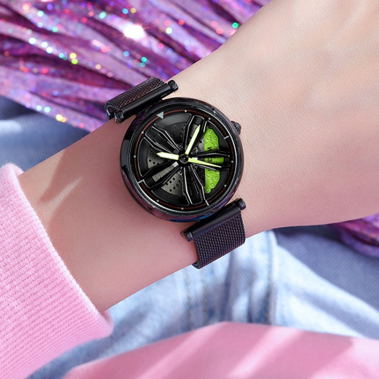 SANDA 1074 3D Hollow Out Wheel Non-rotatable Dial Quartz Watch for Women, Steel Belt, Leather Belt, Mesh Belt