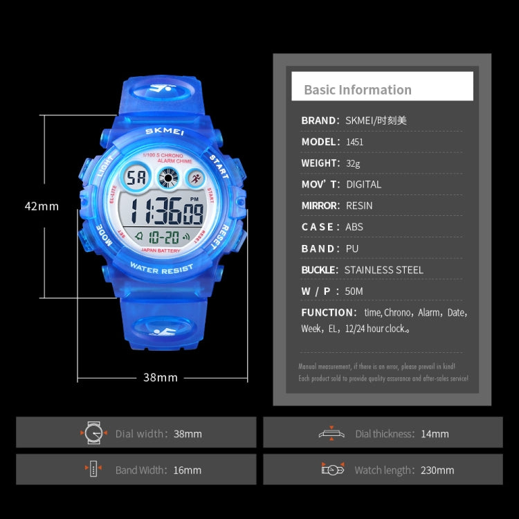 SKMEI 1451 LED Digital Stopwatch Chronograph Luminous Children Sports Electronic Watch, 1451(Transparent Pink Blue), 1451(Transparent Pink), 1451(Transparent Purple), 1451(Transparent Sky Blue), 1451(Transparent Rose Red), 1451(White Shell Blue Circle)...