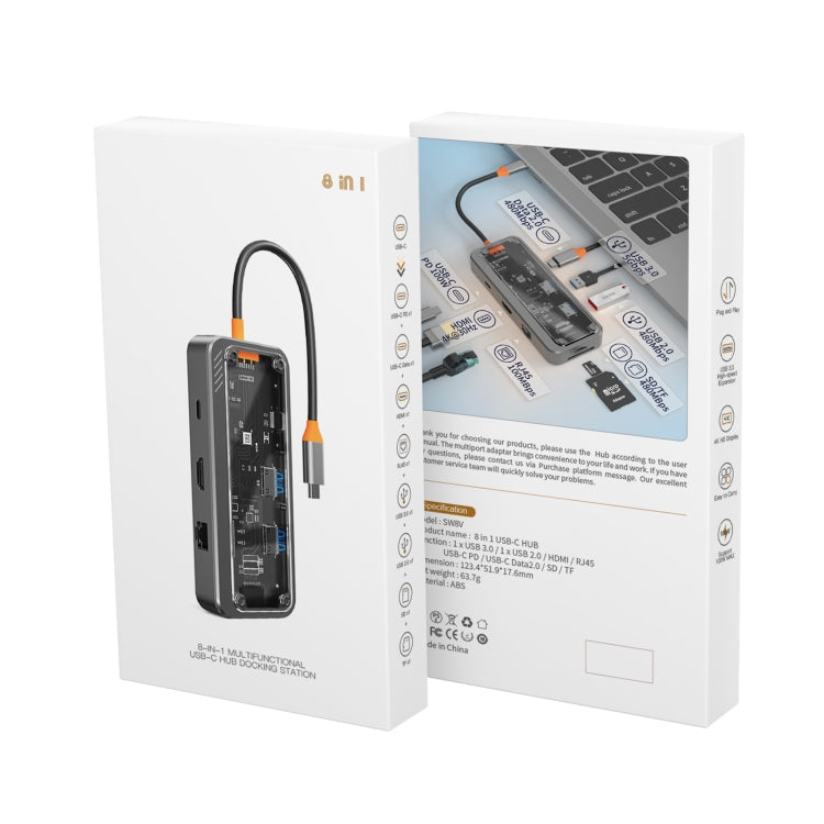 SW8V 8 in 1 Type-C to USB + HDMI + RJ45 + SD/TF HUB Docking Station, SW8V