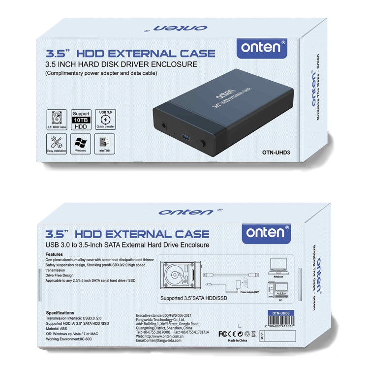 Onten UHD3 3.5 inch USB3.0 HDD External Hard Drive Enclosure, US Plug