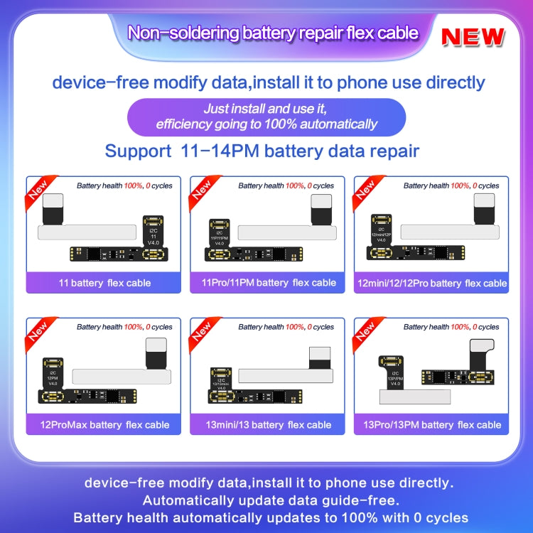 I2C External Battery Repair Cable, For iPhone 15 Pro Max / 15 Pro, For iPhone 15 / 15 Plus, For iPhone 13 Pro Max / 13 Pro, For iPhone 13 / 13 mini, For iPhone 14 / 14 Plus, For iPhone 14 Pro Max / 14 Pro, For iPhone SE 2022