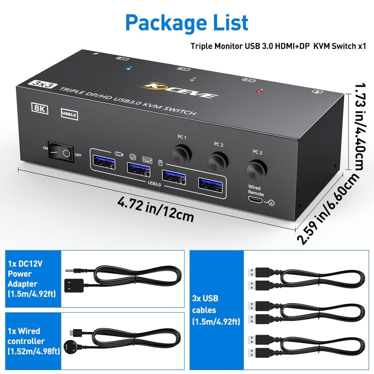 KC-KVM303DH 8K 60Hz USB3.0 DP+DP+HDMI Triple Monitors KVM Switch, EU Plug, US Plug