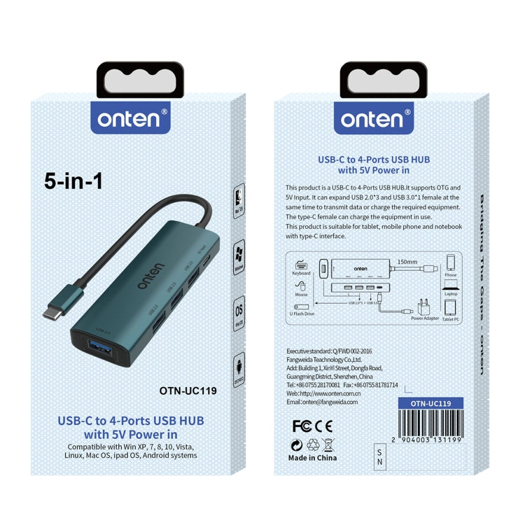 Onten UC119 5 in 1 USB-C / Type-C to USB 4-Ports USB HUB with 5V Input, UC119