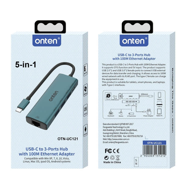 Onten UC121 5 in 1 USB-C / Type-C to USB 3.0 HUB with 5V Input & 100Mbps Network Card, UC121
