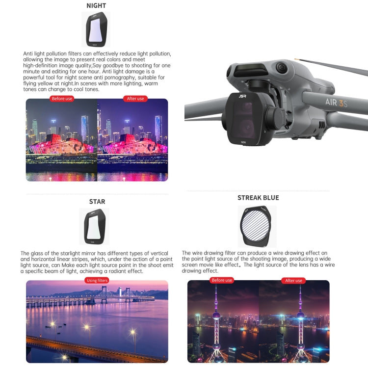 For DJI Air 3S JSR CB Series Drone Lens Filter, UV, CPL, ND8, ND16, ND32, ND64, ND8PL, ND16PL, ND32PL, ND64PL, NIGHT, STAR, Streak Drawing Blue, Adjustable CPL, 3 in 1 ND8/32/64, 4 in 1 CPL ND8/32/64, 4 in 1 ND8-64PL, 6 in 1 ND8-64 CPL STAR...