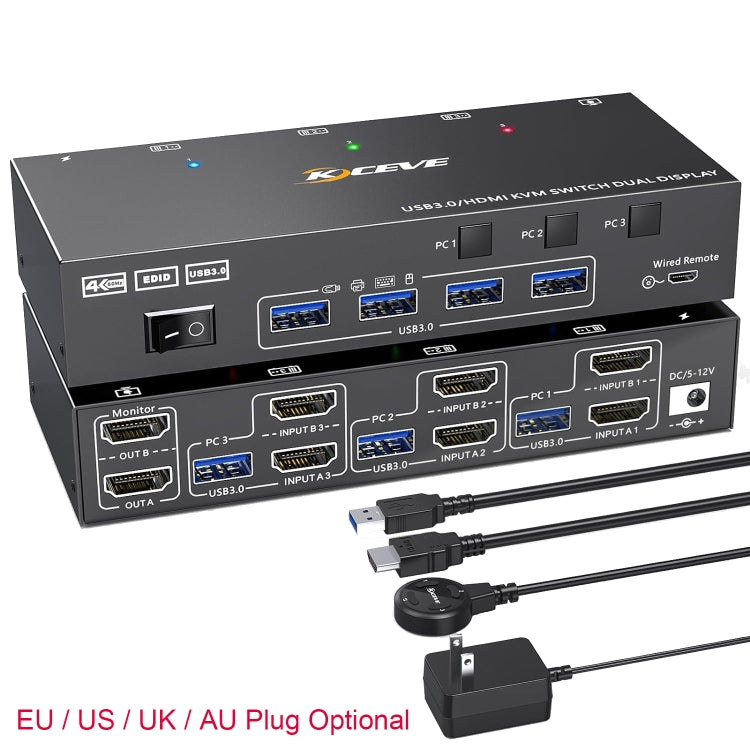 KC-KVM302AS 4K 60Hz USB3.0 / HDMI Dual Monitors KVM Switch, US Plug, UK Plug, AU Plug