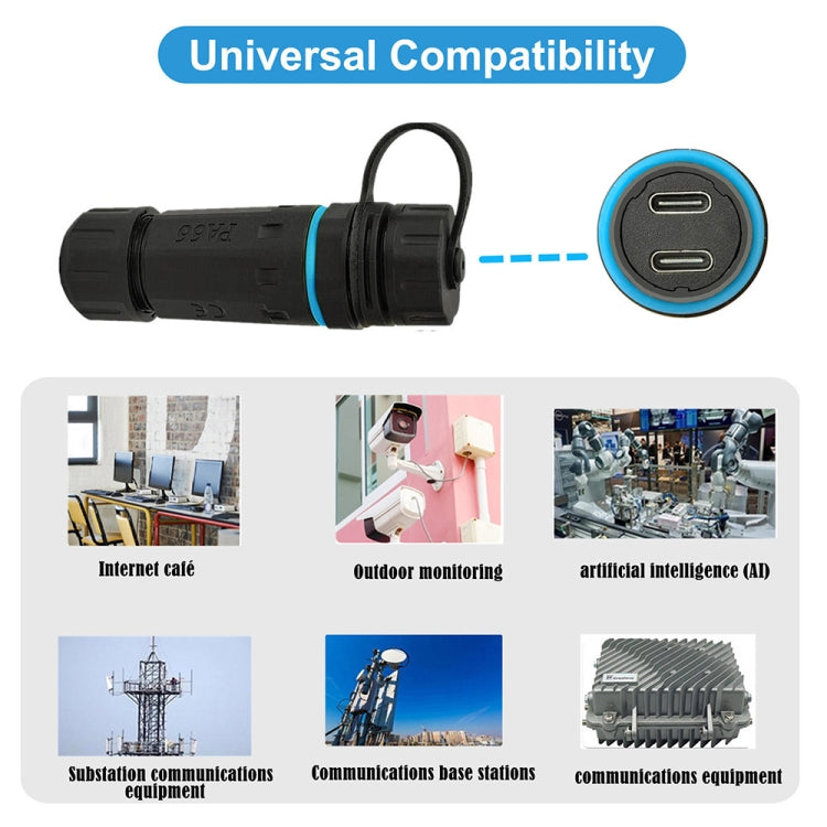 10Gpbs IP68 Waterproof Dual Ports Type-C Female to Female Straight Coupler Adapter With Protective Cover, Dual Ports Type-C Coupler With Protective Cover