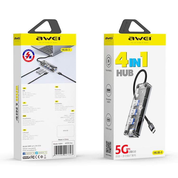 awei HUB-1 Multi-function 4 in 1 Type-C to USB 3.0 x 4 HUB Adapter, HUB-1