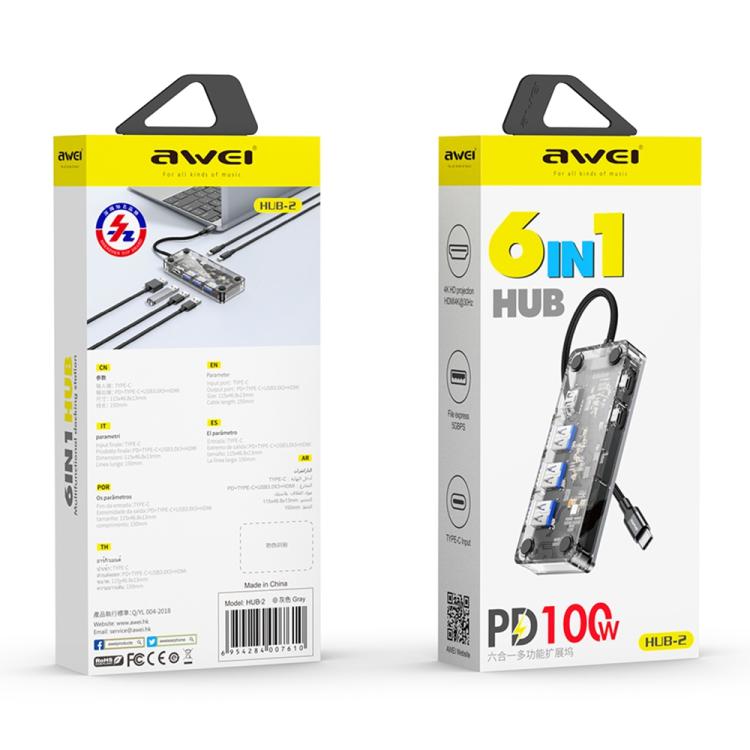awei HUB-2 Multi-function 6 in 1 Type-C HUB Adapter, HUB-2