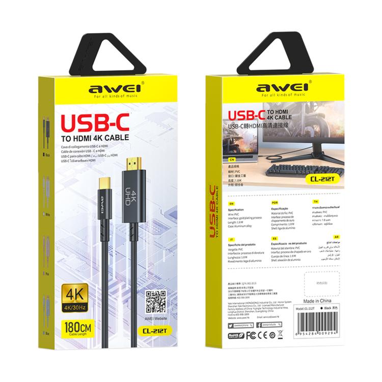 awei CL-212T USB-C / Type-C to HDMI 4K 30Hz HD Adapter Cable, CL-212T