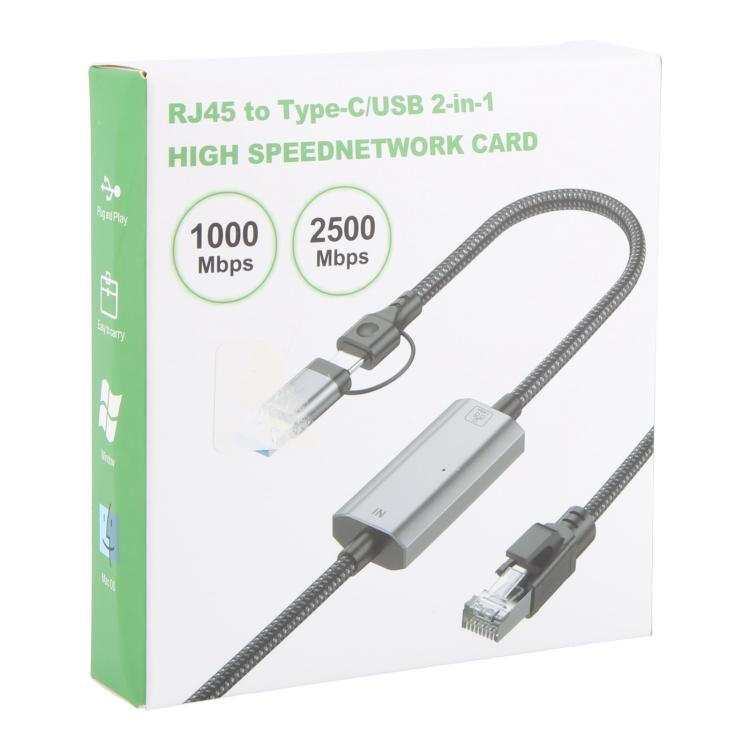 2m RJ45 to Type-C / USB 2-in-1 High Speed Network Card Ethernet Cable, Type-C / USB 2-in-1