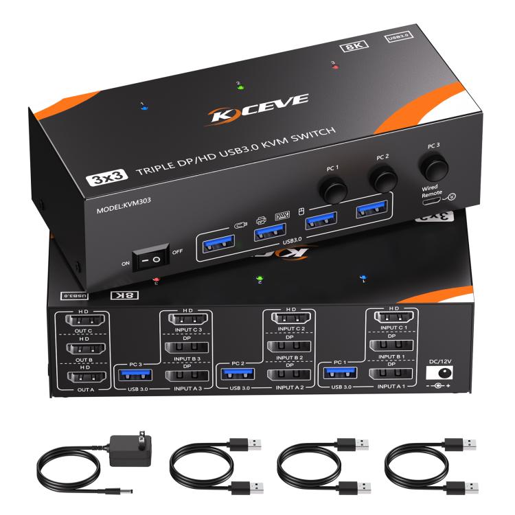KCEVE KC-KVM303 USB 3.0 Dual Monitor 8K 60Hz KVM Switch, US Plug, EU Plug, UK Plug, AU Plug