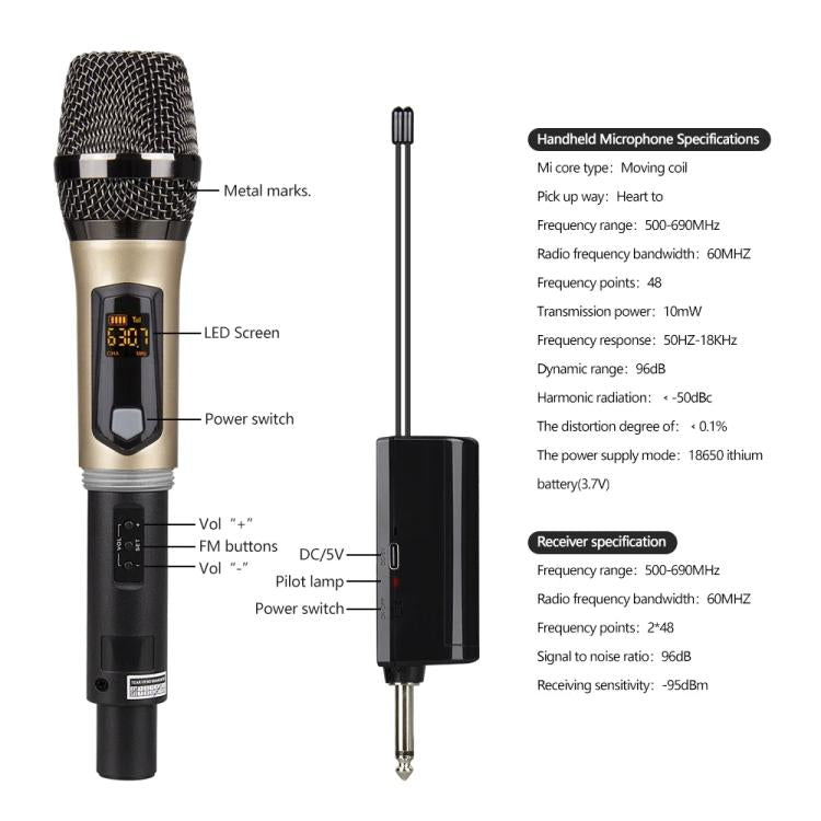 DEBRA A-25 UHF Wireless Rechargeable Microphone System for Stage KTV, One Mic, Two Mic