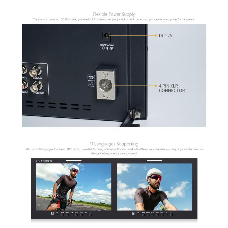 FEELWORLD D101 PLUS-H Dual 10.1 inch 4RU Rackmount Monitor 4K HDMI-compatible CVBS 1920x1200 IPS Screen, US Plug, EU Plug, UK Plug, AU Plug