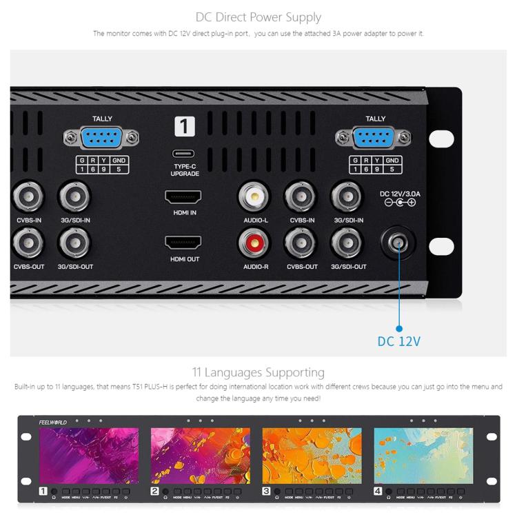 FEELWORLD Q41 Quad 4.5 inch 2RU Rackmount Monitor 3G-SDI 4K HDMI-compatible AV Input and Output, US Plug, EU Plug, UK Plug, AU Plug