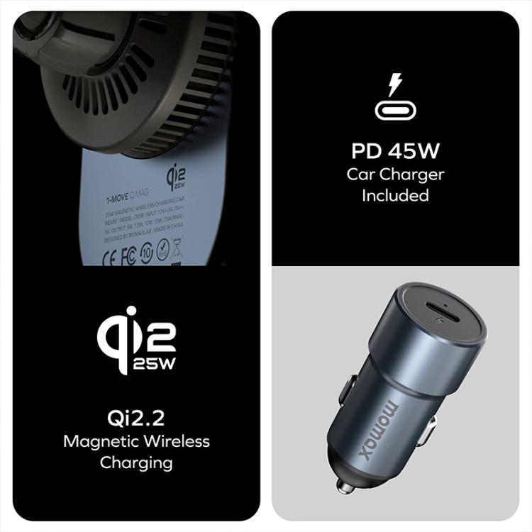 Momax CM38Q22 1-Move Q.Mag 25W Magnetic Wireless Fast Charging Car Mount, CM38Q22