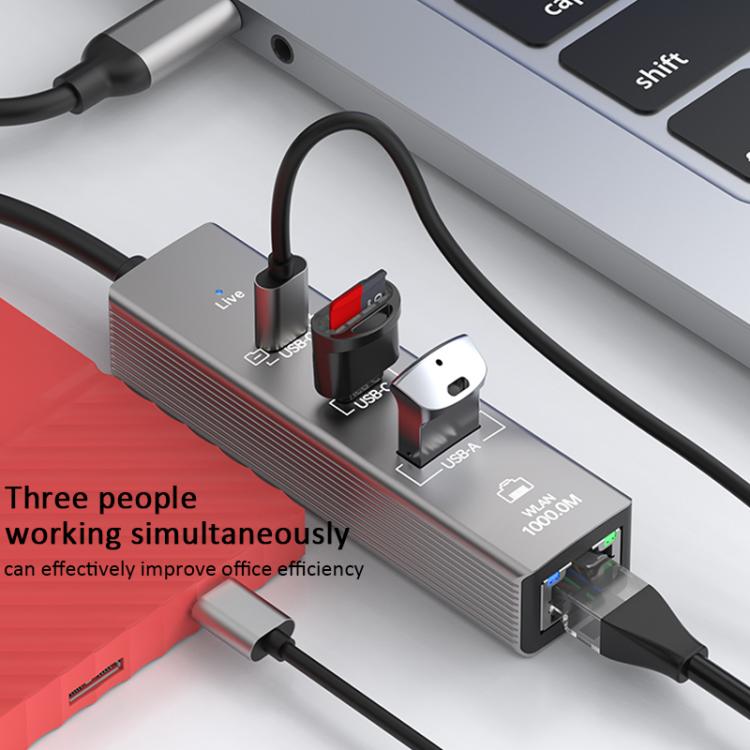 TYS-206C Type-C to 1000M RJ45 USB-A PD100W HUB Expand Converter, Type-C to 1000M RJ45