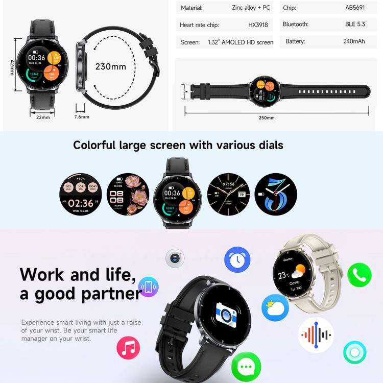 HT39 1.32 inch Ultra-thin Sports Smart Watch Supports Bluetooth Call / Heart Rate / Pressure / Sleep Monitoring, Black, Pale Gold