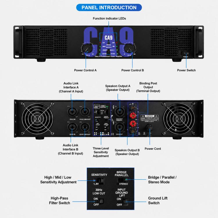 Stage Dual-Channel Pure Audio Power Amplifier, CA2 700W, CA4 1000W, CA6 1400W, CA9 1600W, CA12 2000W, CA18 2400W, CA20 2800W, CA30 3200W, CA50 3600W