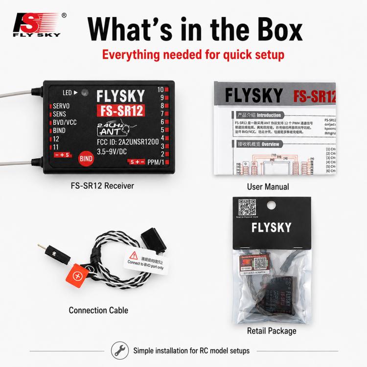 FlySky FS-SR12 12CH 2.4G Receiver Dual Antenna for RC Fixed Wing Car Boat Robot Model Toy ANT Protocol Transmitter FS-ST8, FS-SR12