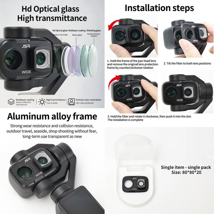 For DJI Osmo Pocket 4P JSR KB Series Clip-on Camera Lens Filter, UV, CPL, ND8, ND16, ND32, ND64, GND8, GND16, VND2-5, VND6-9, STAR, NIGHT, Black Mist 1/4, Wide Angle, 3 in 1 UV ND8/16, 3 in 1 CPL Black Mist VND, 4 in 1 CPL ND8/16/32, 4 in 1 ND8-64PL