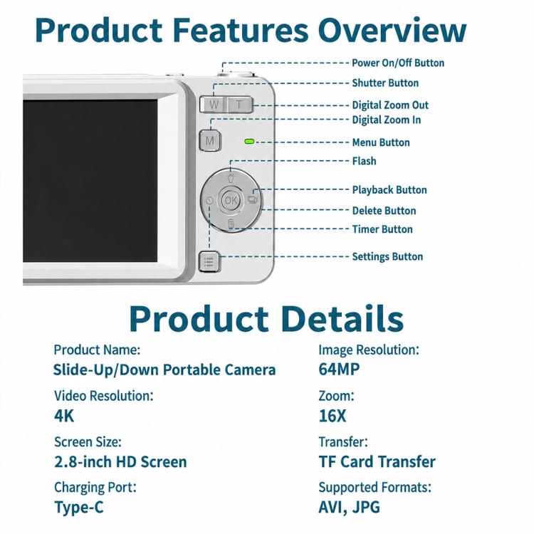 M15 Sliding Cover 4K 64MP CCD-Style Digital Camera