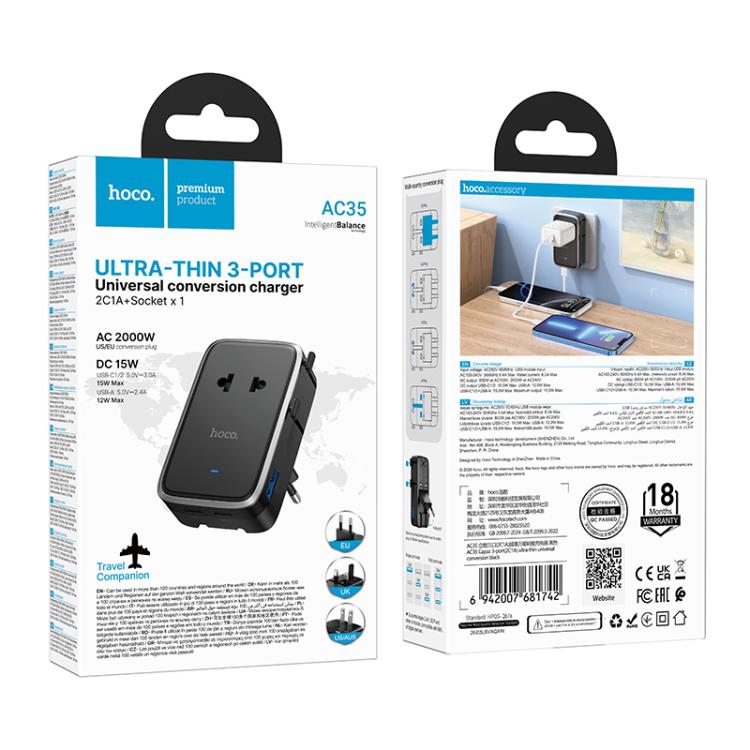 hoco AC35 Dual Type-C and USB Universal Travel Adapter Worldwide Charger