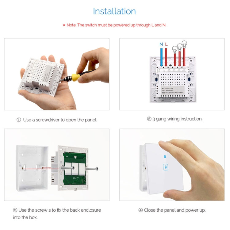 WS-UK-03 EWeLink APP & Touch Control 2A 3 Gangs Tempered Glass Panel Smart Wall Switch, AC 90V-250V, UK Plug, 3 Gangs