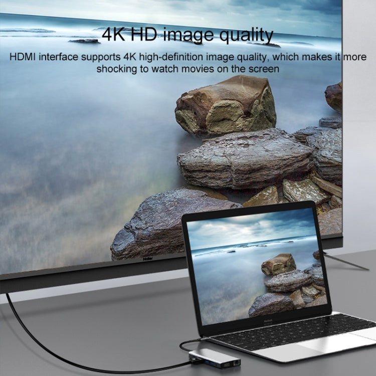 12 in 1 RJ45 + 100W PD + SD/TF + USB3.0x5+ HDMI + VGA + 3.5mm AUX to Type-C HUB Adapter, 12 in 1