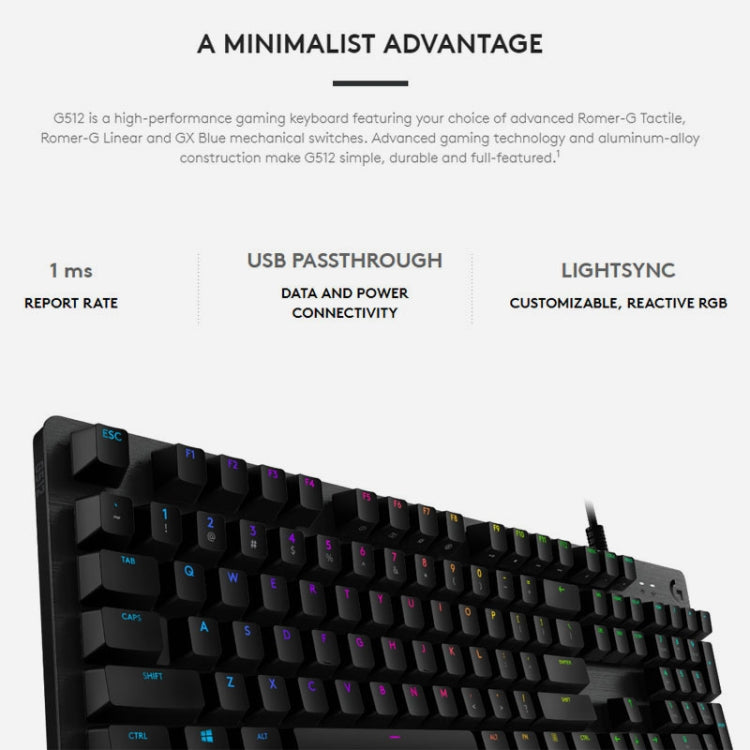 Logitech G512 RGB L-axis Mechanical Wired Gaming Keyboard, Length: 1.8m, Logitech G512 L-axis