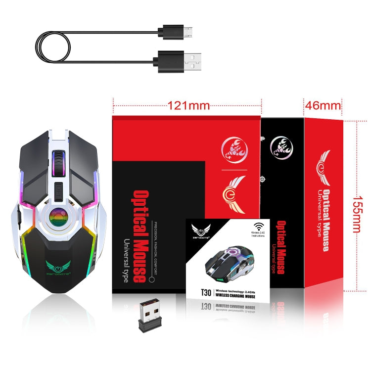 ZERODATE T30 2.4GHz 2400DPI Three-speed Adjustable RGB Backlight Wireless Optical Mouse, T30 White