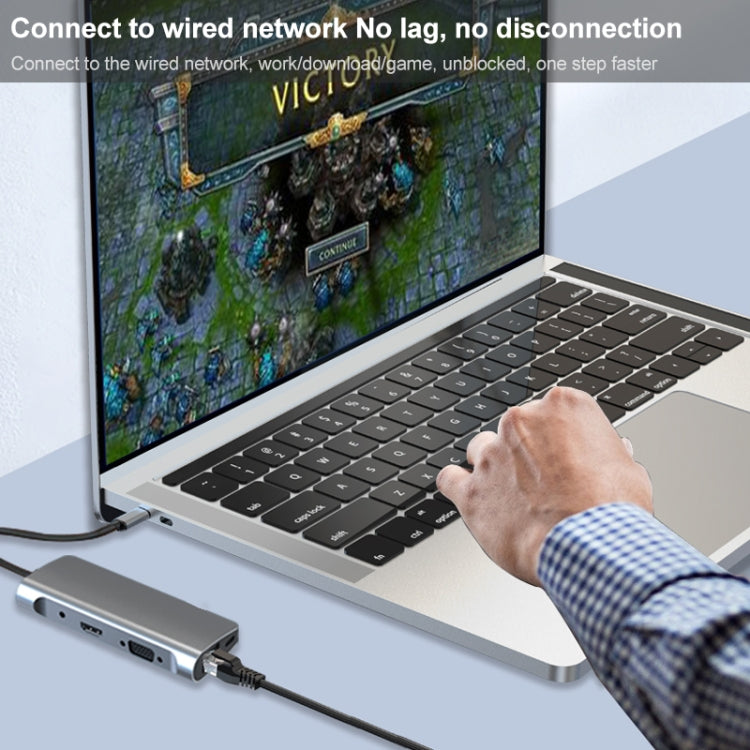 9 in 1 RJ45 + PD + SD/TF + USB 3.0 x 2 + HDMI + VGA + Audio to USB-C / Type-C HUB Adapter, RJ45+PD+SD/TF+USB3.0x 2+HDMI+VGA+Audio to Type-C
