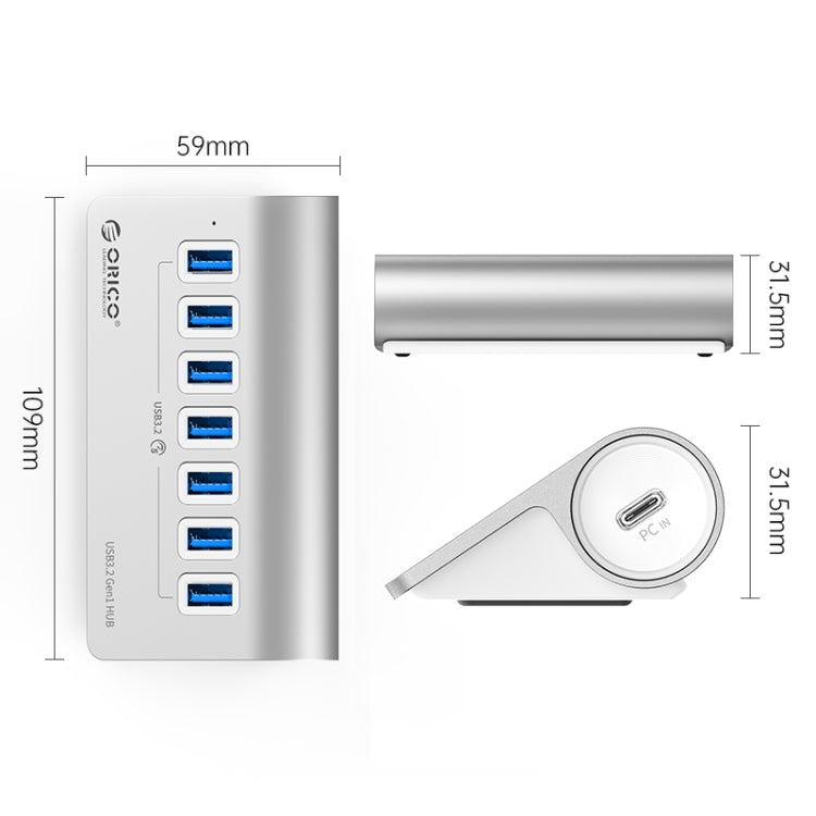 ORICO M3U7 Aluminum Alloy 7-Port USB 3.2 Gen1 5Gbps HUB with 0.5m Cable, M3U7 0.5m