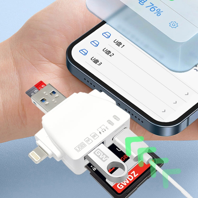 7 in 1 Card Reader USB + Type-C + 8 Pin + TF Card + SD Card + Earphone Adapter