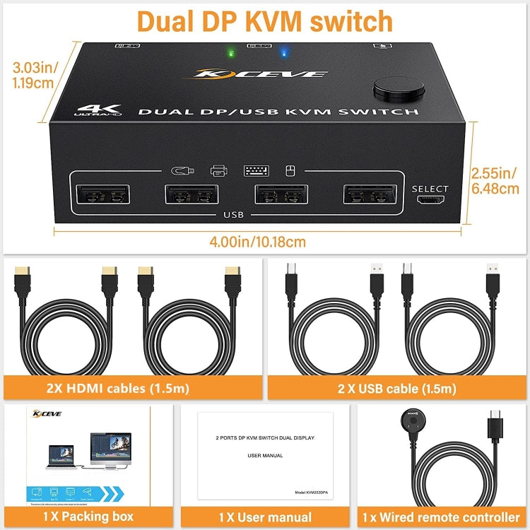 KC-KVM202DPA-USB2.0 DP 3DP+3DP KVM Switch, KC-KVM202DPA