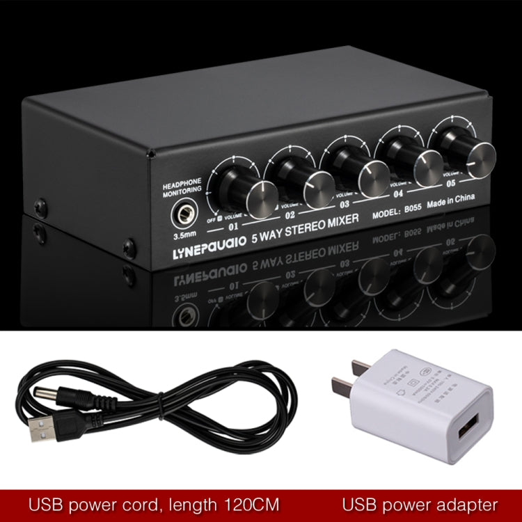 B055 5-Channel Active Stereo Mixer Multi-Channel Mixer with Independent Volume Adjustment & USB 5V Power Output & Headphone Monitoring, US Plug, B055