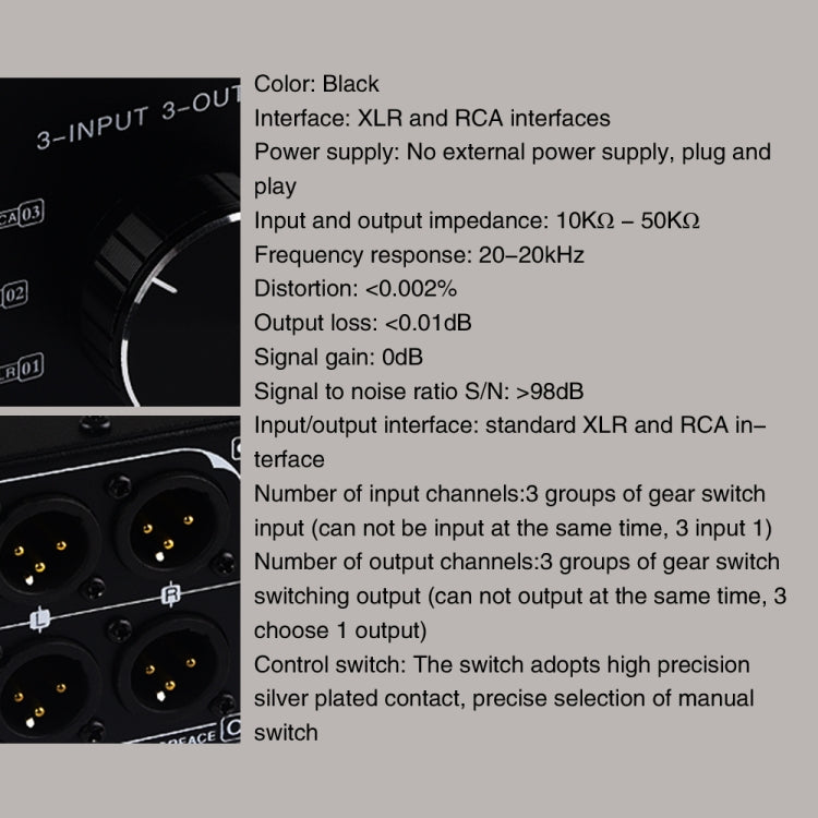 3 Input To 3 Output Fully Balanced XLR Signal Passive Stereo Selector Switch Switcher, B033
