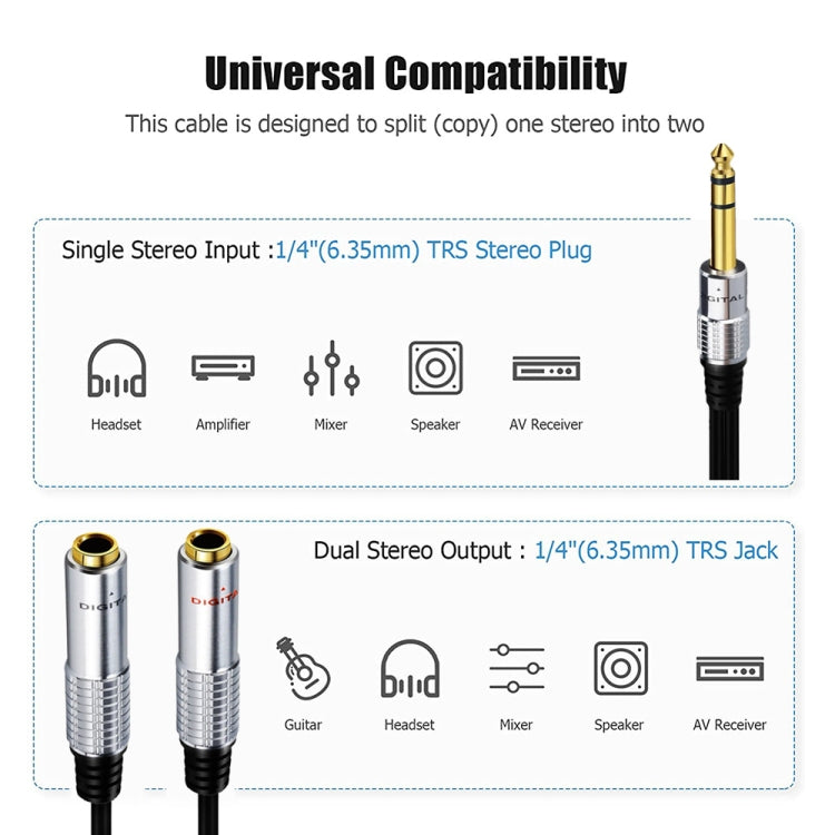 JUNSUNMAY 6.35mm Male to Dual 6.35mm Female Stereo Audio Adapter, Length: 0.2m, Length: 0.2m