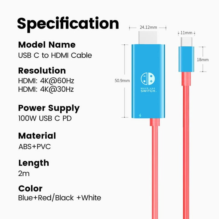 ENKAY ENK-CB136 6.6Ft. Type-C to HDMI Conversion Cable for Switch 4K HD Projection TV, HDMI Conversion Cable